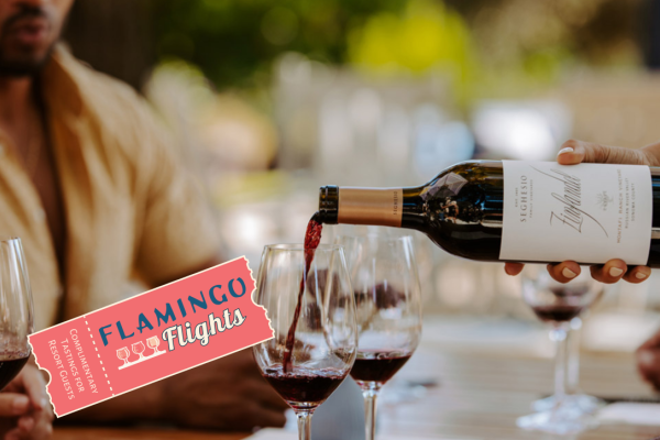 A person pouring red wine into glasses, with a "Flamingo Flights" ticket overlayed on the image.