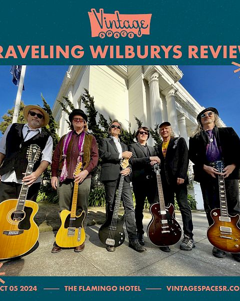 Poster for the Traveling Wilburys Review featuring five musicians with guitars in front of a white building. Event at The Flamingo Hotel on Oct 5, 2024.