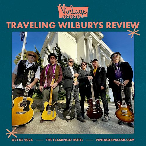 Poster for the Traveling Wilburys Review featuring five musicians with guitars in front of a white building. Event at The Flamingo Hotel on Oct 5, 2024.