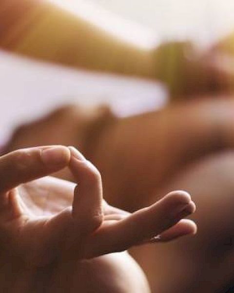 The image shows a close-up of hands in a meditation pose, with fingers forming a mudra, and sunlight streaming in.