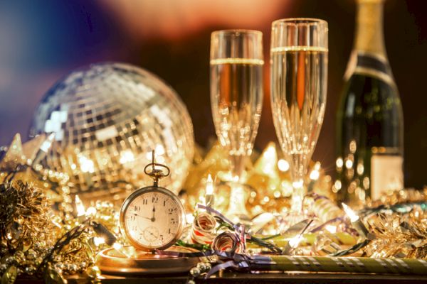 The image shows a festive scene with a clock, champagne glasses, a bottle, a disco ball, and lights, creating a celebratory atmosphere.