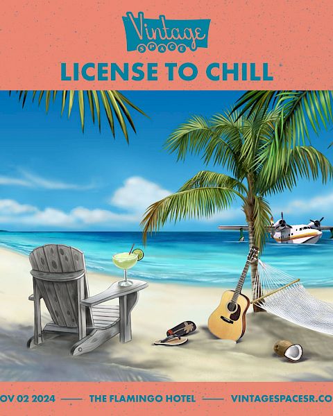 A tropical beach scene with a chair, drink, guitar, and palm tree. A seaplane is on the water. Text reads 