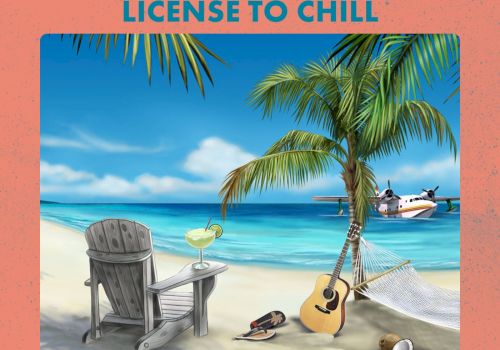 A tropical beach scene with a chair, drink, guitar, and palm tree. A seaplane is on the water. Text reads 