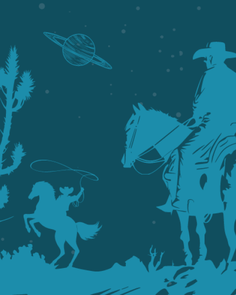 The image shows a silhouette of a cowboy on a horse, a lassoing figure, desert plants, and a planet with rings in the sky, all in shades of blue.