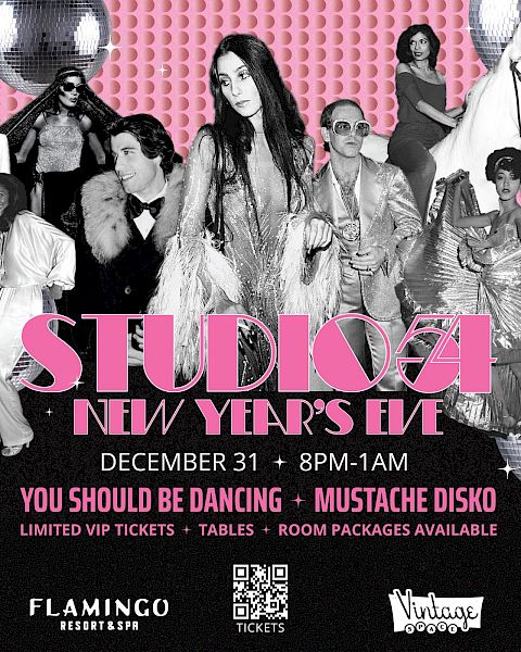 Studio 54 New Year's Eve poster with a retro theme, featuring partygoers and event details for December 31, from 8 PM to 1 AM.