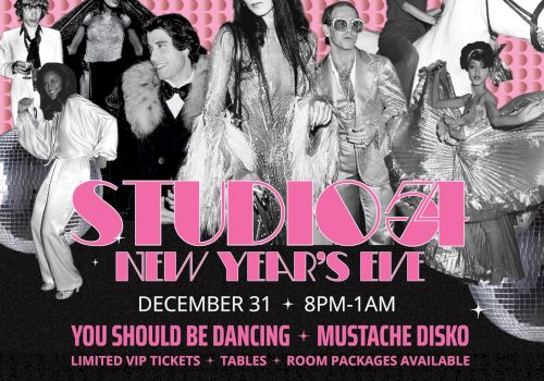 Studio 54 New Year's Eve poster with a retro theme, featuring partygoers and event details for December 31, from 8 PM to 1 AM.