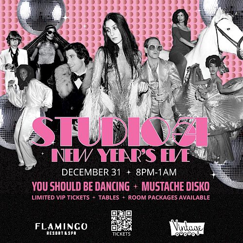 Studio 54 New Year's Eve poster with a retro theme, featuring partygoers and event details for December 31, from 8 PM to 1 AM.