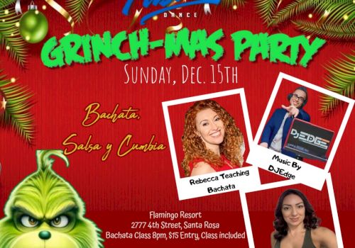 This image is a flyer for a Grinch-mas party with dance lessons, DJ music, and instructors. It's on December 15th at Flamingo Resort. Let's dance.