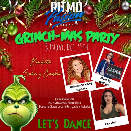 This image is a flyer for a Grinch-mas party with dance lessons, DJ music, and instructors. It's on December 15th at Flamingo Resort. Let's dance.