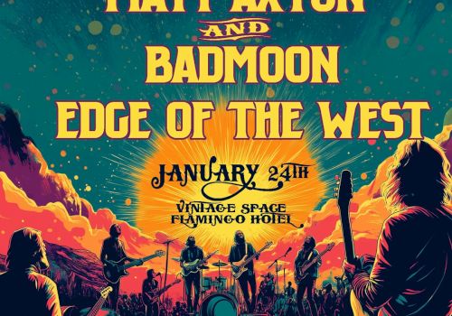 A vintage-style concert poster with bands Matt Axton, Badmoon, and Edge of the West. Event on January 24th at Vintage Space, Flamingo Hotel.