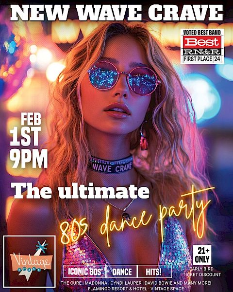 The image is a promotional poster for "New Wave Crave," an 80s dance party on Feb 1st, 9 PM. It features a woman with sunglasses and flashy colors.