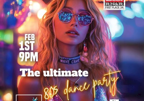 The image is a promotional poster for "New Wave Crave," an 80s dance party on Feb 1st, 9 PM. It features a woman with sunglasses and flashy colors.