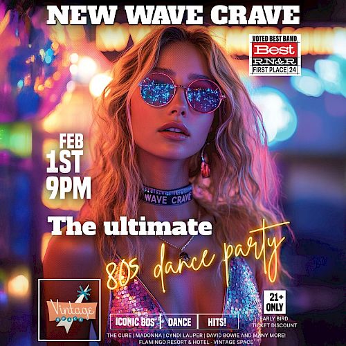 The image is a promotional poster for "New Wave Crave," an 80s dance party on Feb 1st, 9 PM. It features a woman with sunglasses and flashy colors.