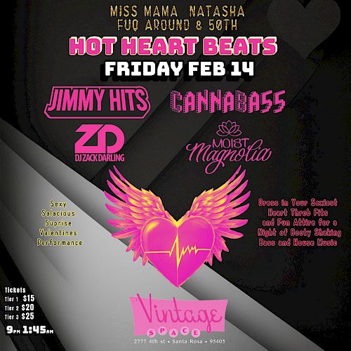 A poster for "Hot Heart Beats" event on February 14. Features DJs, heart-wing graphic, themed dress code, and venue details at Vintage.