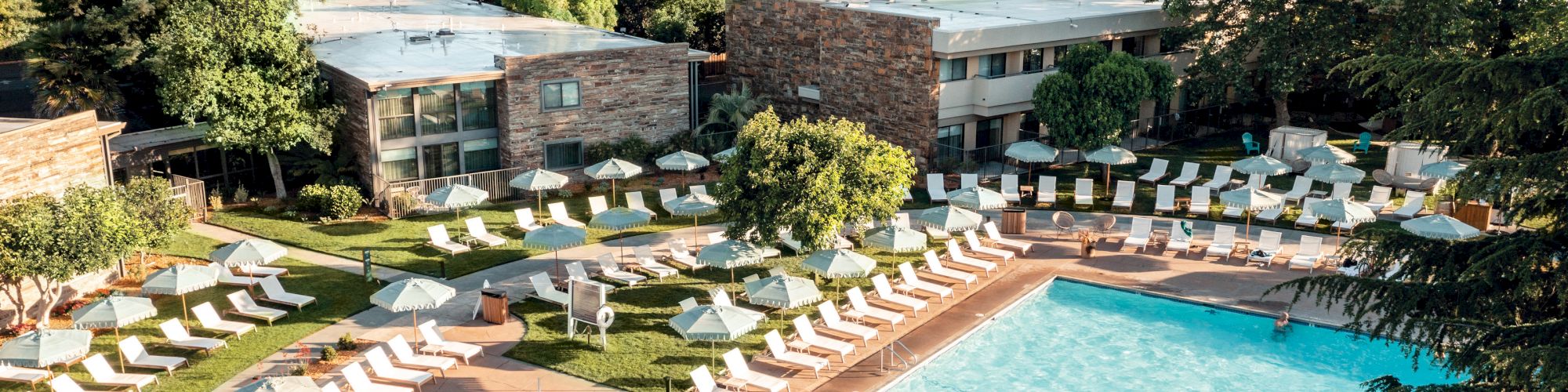 An aerial view of a resort pool surrounded by lounge chairs, umbrellas, and greenery, with buildings and trees in the background.