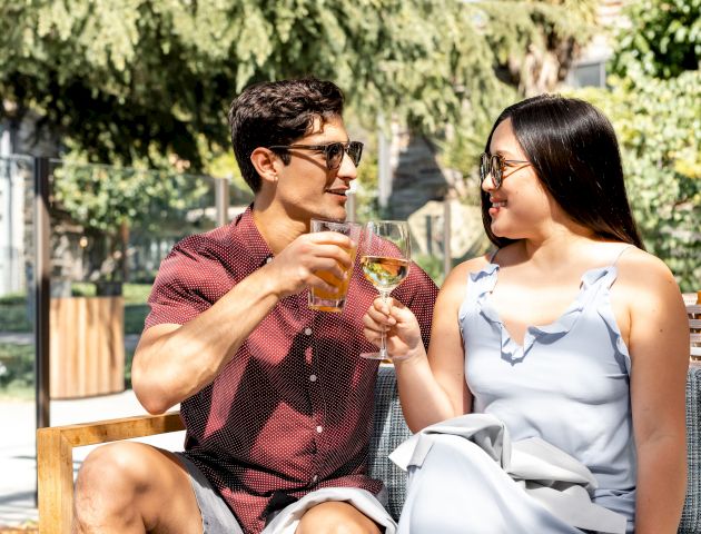 Two people are sitting outdoors, toasting drinks, and enjoying food on a table in a garden setting.