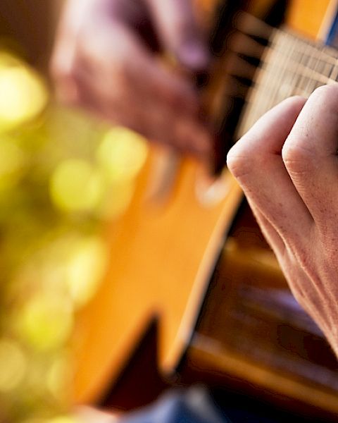 A close-up of hands playing an acoustic guitar, with a blurred natural background and warm lighting illuminating the scene.