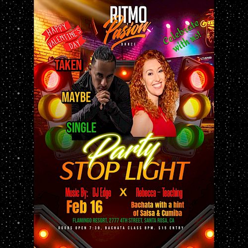 Flyer for a “Stop Light Party” on Feb 16 with DJ Edge and Rebecca, featuring Salsa & Cumbia. Event in Santa Rosa, CA.