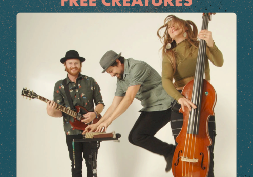 Three musicians playing instruments with a "Free Creatures" event at Vintage Space on February 21; doors open at 8:00 PM.