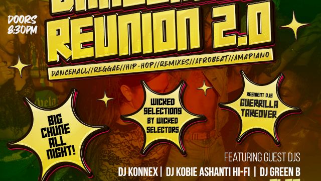 Poster for "Dancehall Reunion 2.0" event on Feb 22. Featuring guest DJs, performance by Blife, at Vintage Place, Santa Ana, CA.