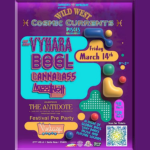 This image is a colorful poster for a festival pre-party event featuring artists Vyhara, Boel, Cannabass, and Lazy Neill on Friday, March 14th.