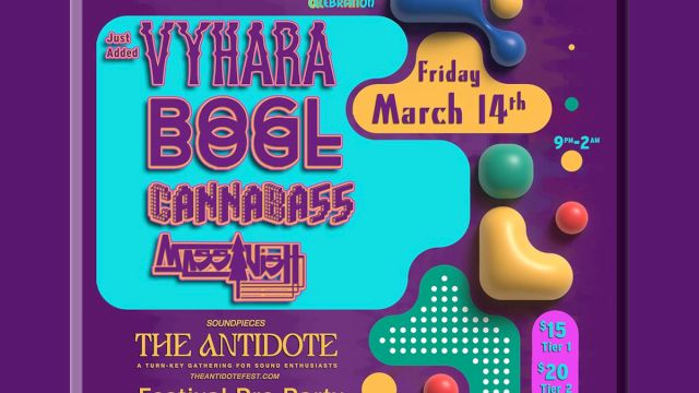 This image is a colorful poster for a festival pre-party event featuring artists Vyhara, Boel, Cannabass, and Lazy Neill on Friday, March 14th.