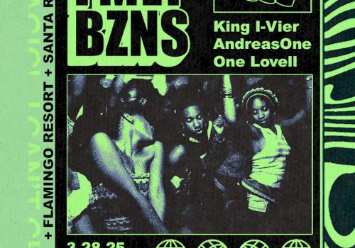 A flyer for a music event titled "FMLY BZNS" at Flamingo Resort, Santa Rosa, featuring King I-Vier and more, dated 3.28.25.