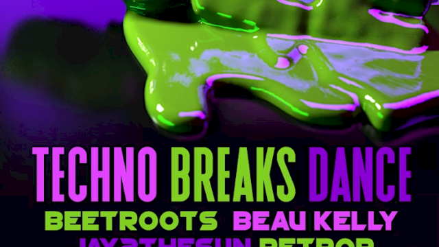 A vibrant poster for a techno event on May 17th, featuring artists Beetroots, Beau Kelly, Jay2thesun, and Retrop at Vintage Stereoscopic.